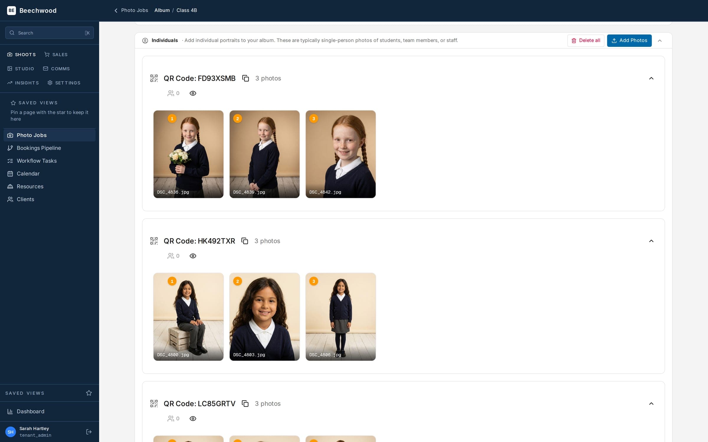 The Liteflow studio admin showing a class album of individual portraits, each matched to its own access code
